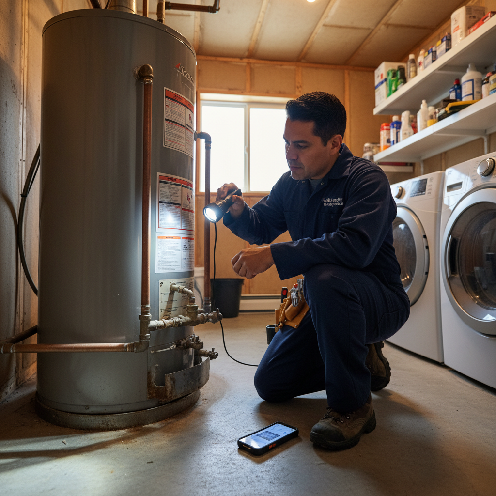 Plumber discovering a problem with a water heater