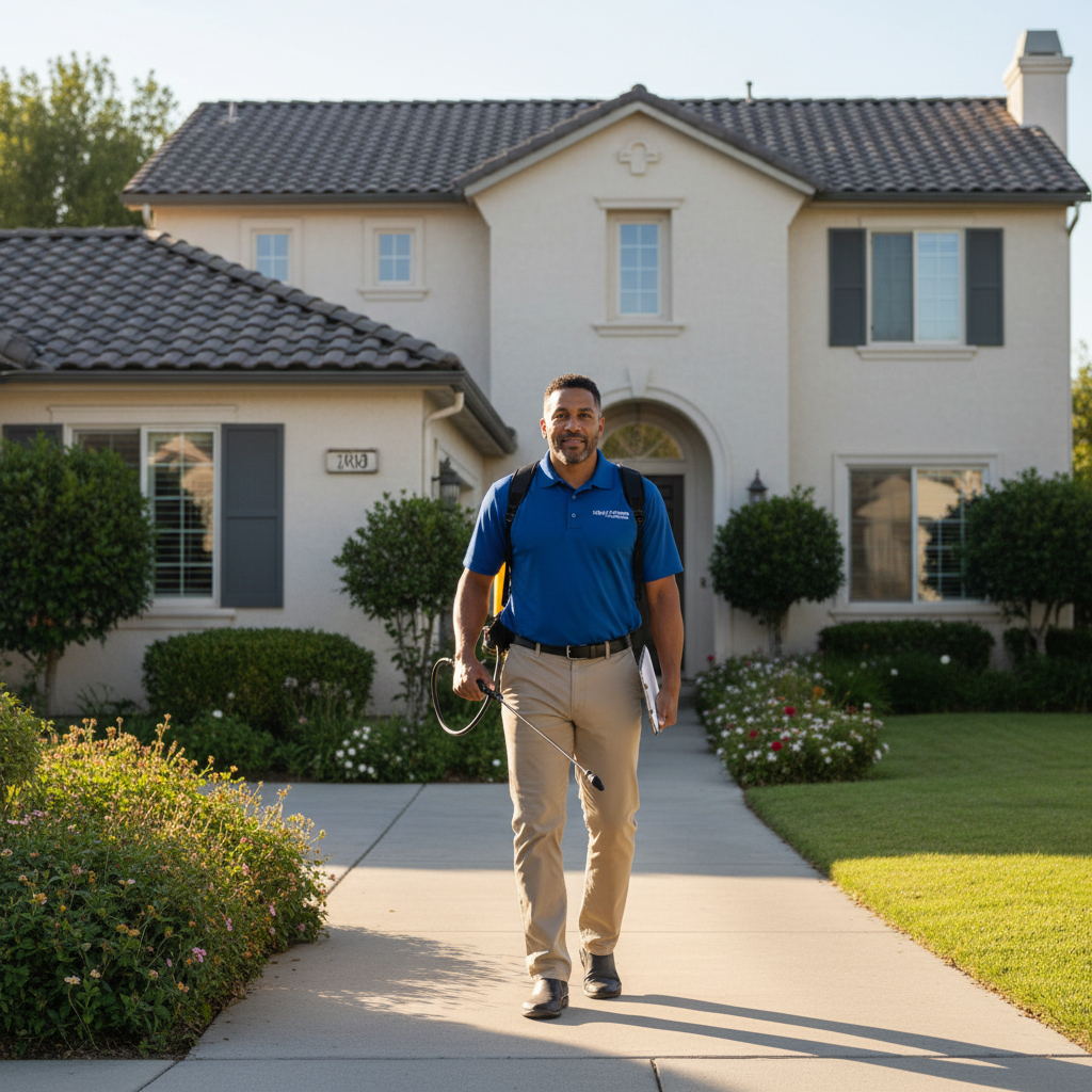 Pest control technician approaching a home