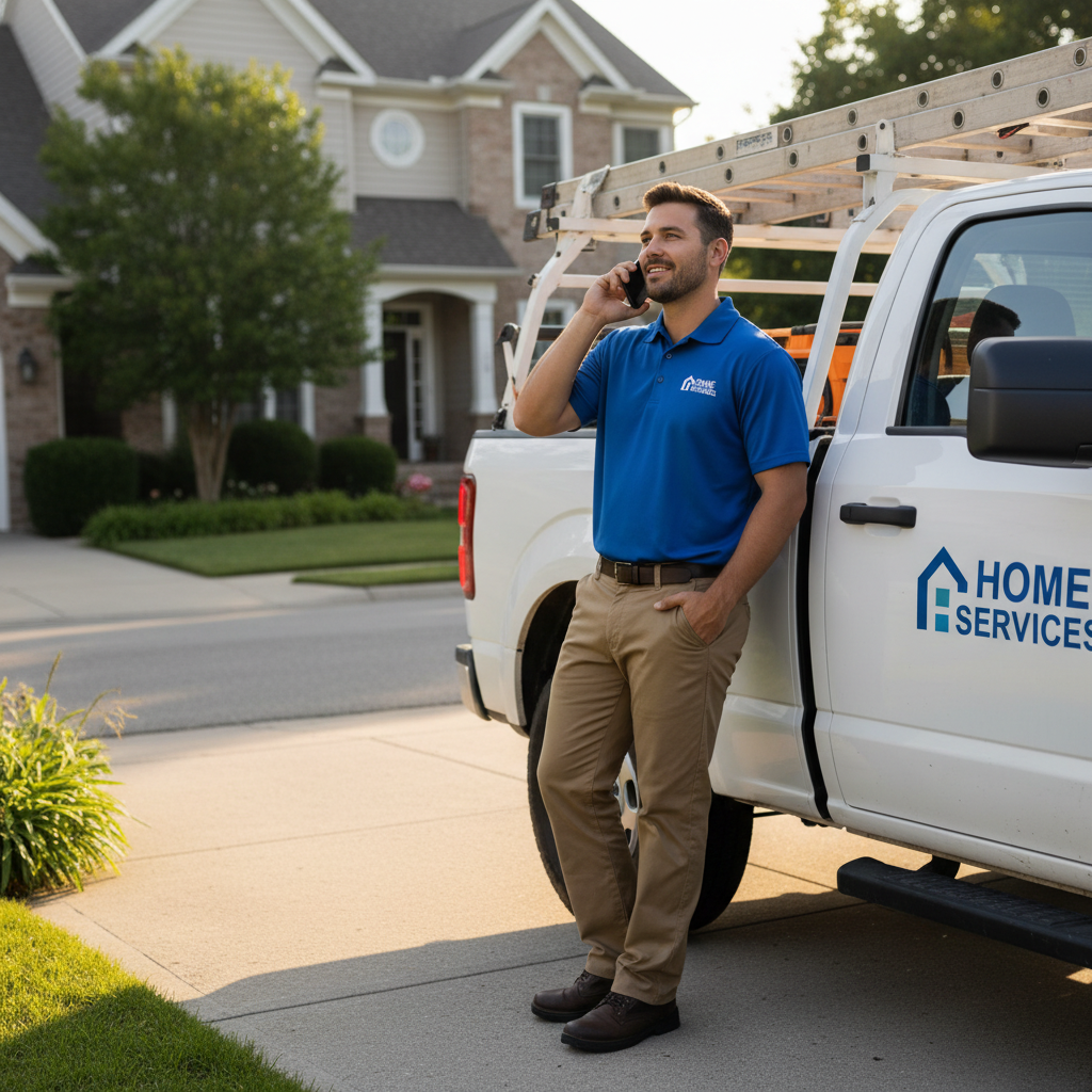 Tech handling a call calmly beside his truck