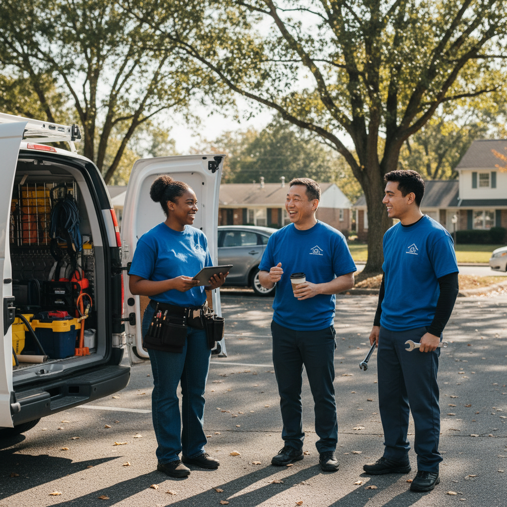 Crew of technicians in morning huddle
